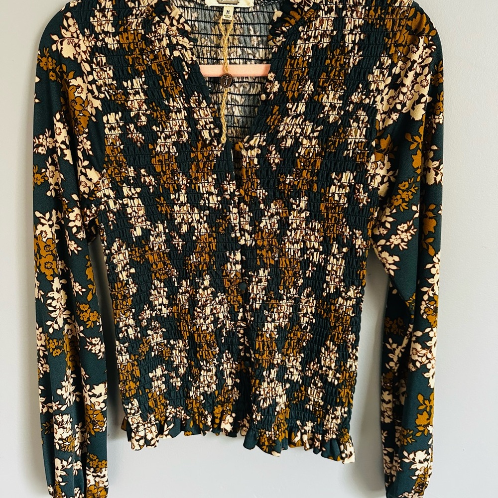 BUCKLE - Floral Smocked Top - Green and Brown M